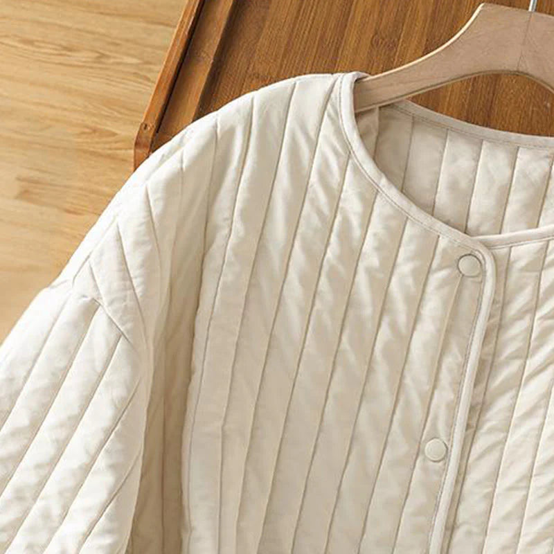 Buddha Stones Women's Plain Crew Neck Drawstring Design Long Sleeve Cotton Jacket With Pocket