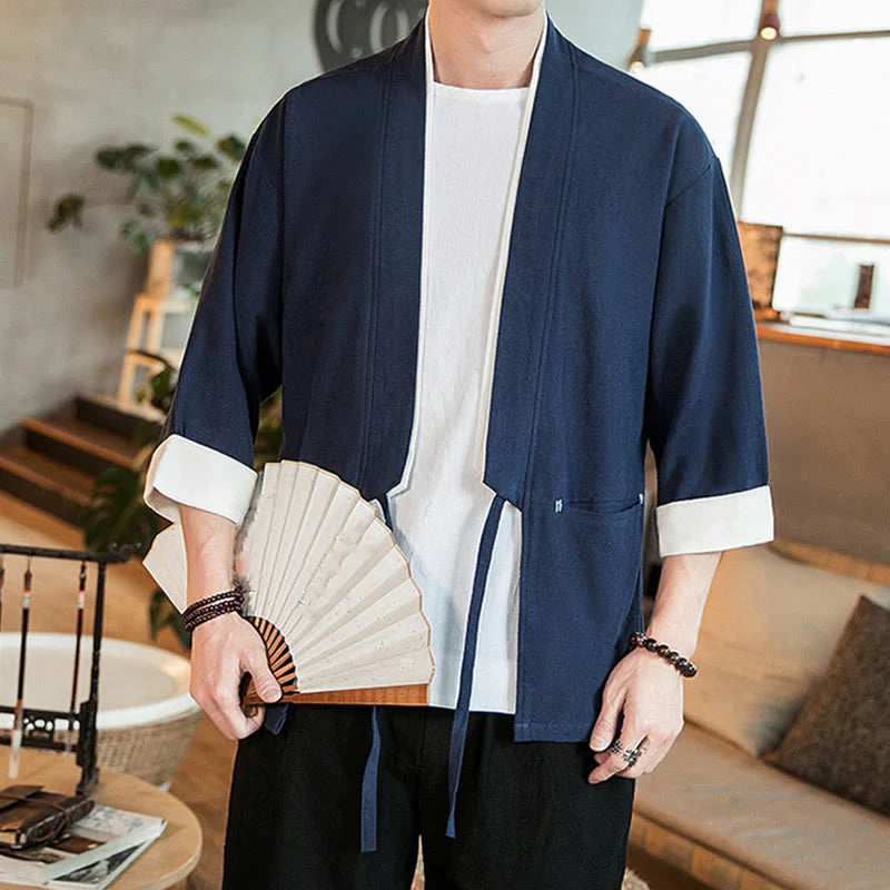 Buddha Stones Lace-Up Design Jacket Cotton Linen Men's Three Quarter Sleeve Kimono With Pockets