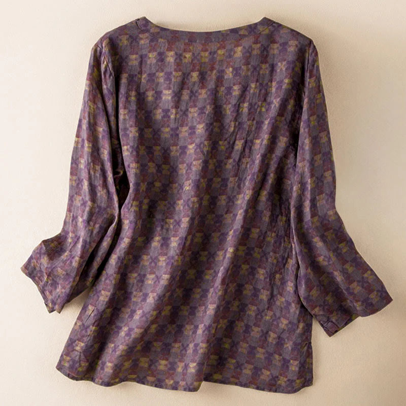 Buddha Stones Spring V-Neck Printed Floral Pattern Women's Long Sleeve Shirt