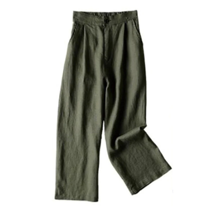 Buddha Stones Commute Solid Color 7-8 Length Cotton Linen Women's Wide Leg Pants With Pockets