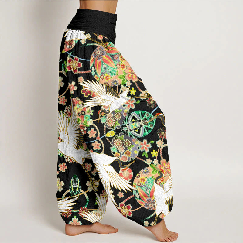 Buddha Stones Cotton Casual Crane Floral Geometric Pattern Elastic Waist Women's Harem Pants