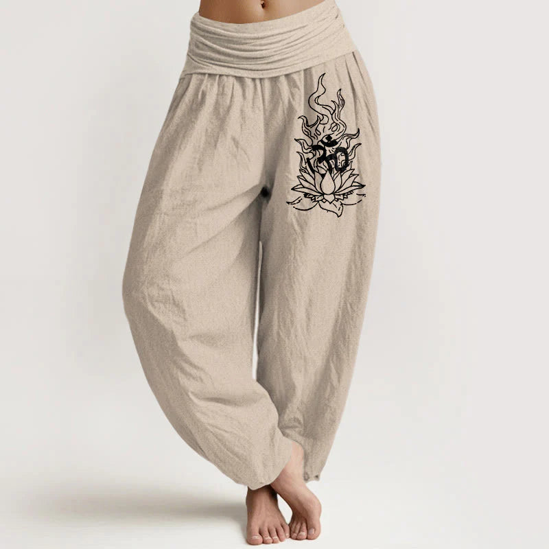 Buddha Stones Pure Cotton Minimalist Design Om Symbol Lotus Flame Pattern Women's Elastic Waist Harem Pants