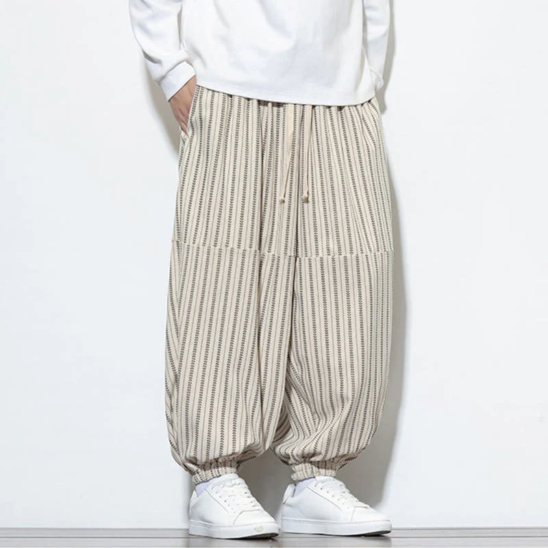 Buddha Stones Fall Striped Pattern Drawstring Men's Harem Corduroy Pants With Pockets