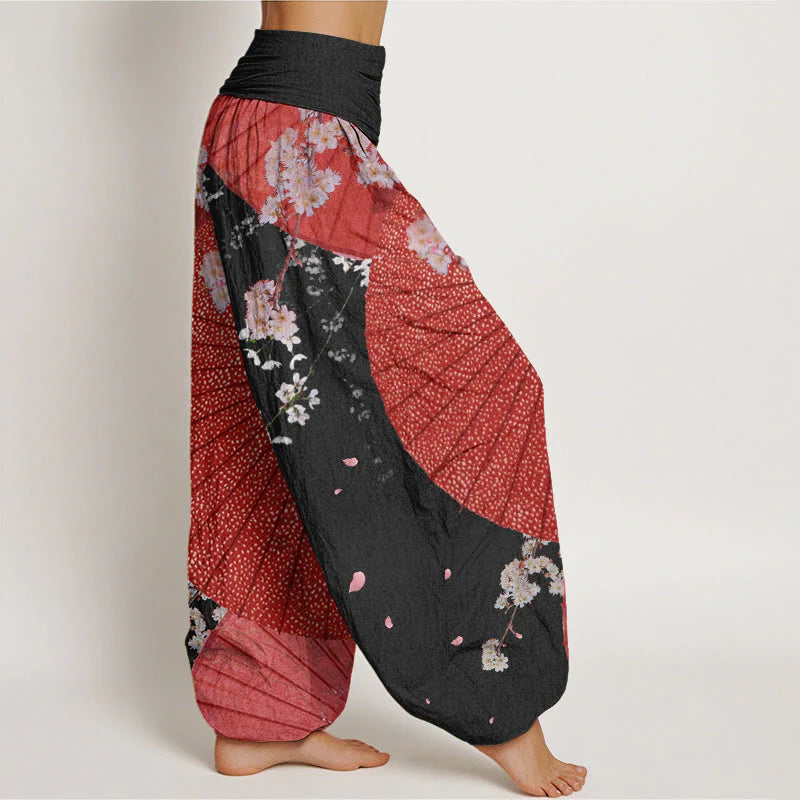 Buddha Stones Cotton Casual Red Oil-paper Umbrella Cherry Blossom Pattern Women's Elastic Waist Harem Pants