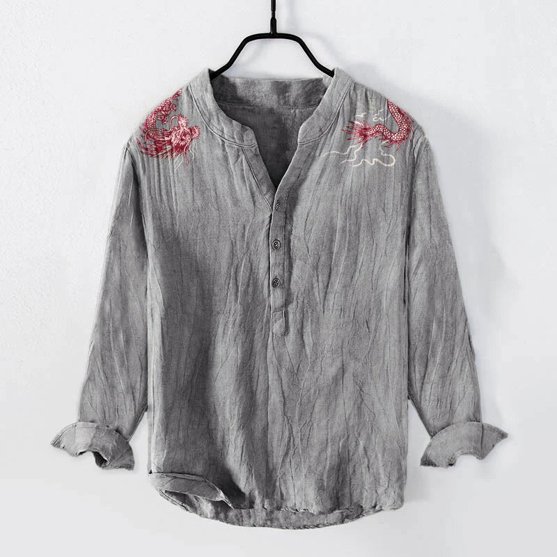 Buddha Stones Red Dragon Pattern Half Buttons Men's Cotton Linen Long Sleeve Shirt