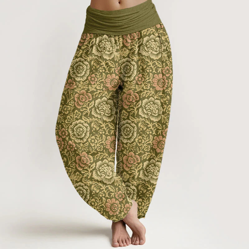 Buddha Stones Pure Cotton Vintage Pastoral Floral Pattern Women's Elastic Waist Harem Pants