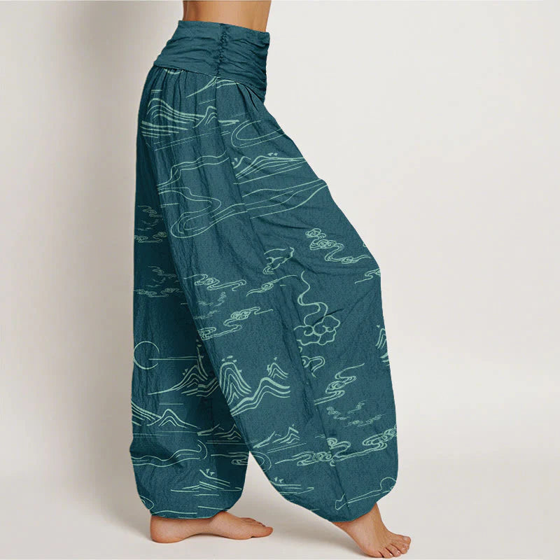 Buddha Stones Cotton Mountain Moon Auspicious Clouds Pattern Women's Elastic Waist Harem Pants