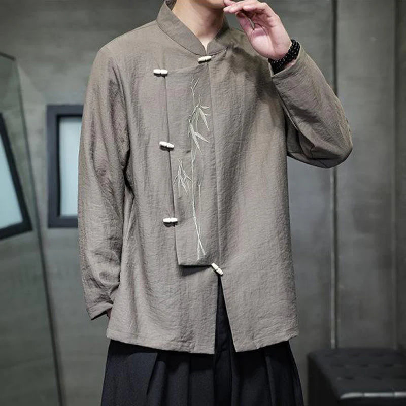 Buddha Stones Fall Solid Color Bamboo Leaf Embroidery Men's Long Sleeve Cotton Linen Shirt