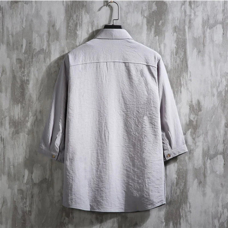 Buddha Stones Casual Solid Color Front Button Three Quarter Sleeves Men's Shirt