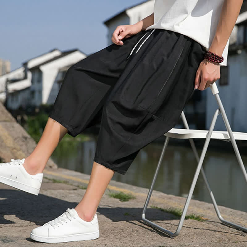 Buddha Stones Summer Elastic Waist Drawstring Solid Color Half Men's Tapered Pants With Pockets