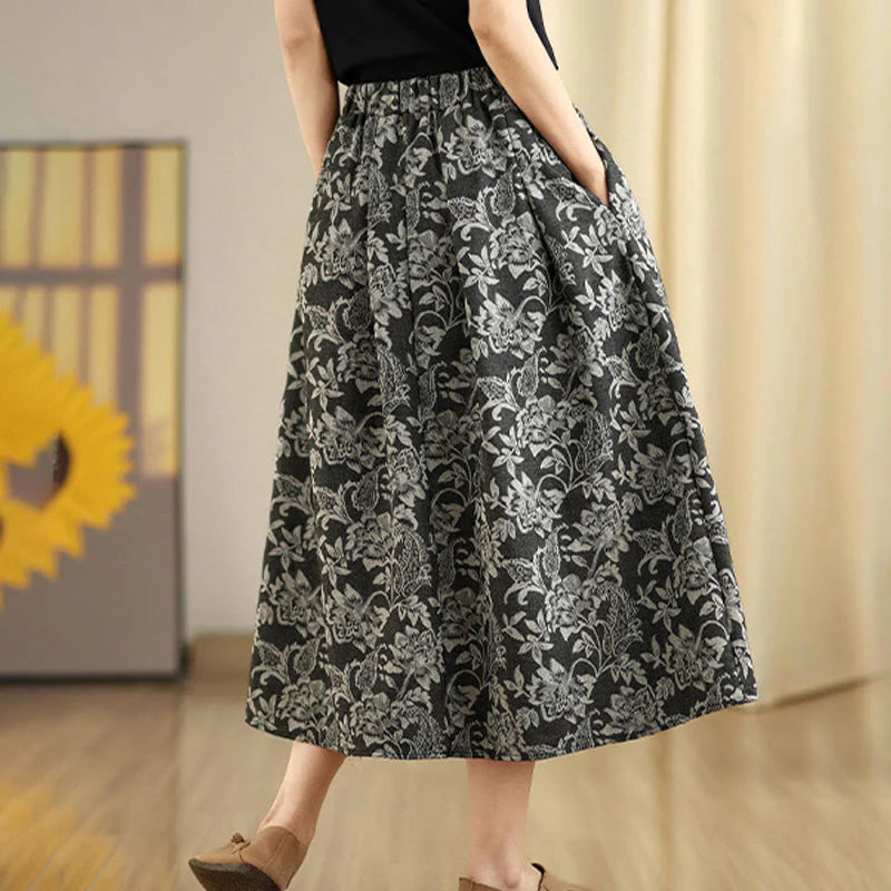 Buddha Stones Printing Flower Paisley Pattern A-line Elastic Waist Cotton Women's Skirt With Pockets