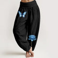 Buddha Stones Pure Cotton Dreamy Butterfly Lotus Pattern Women's Elastic Waist Harem Pants