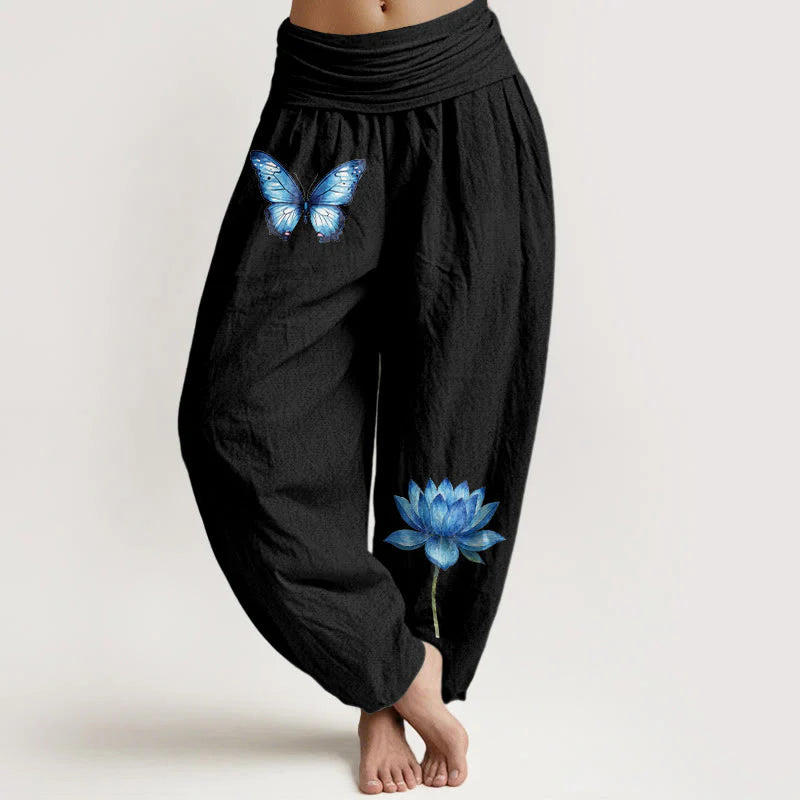 Buddha Stones Pure Cotton Dreamy Butterfly Lotus Pattern Women's Elastic Waist Harem Pants