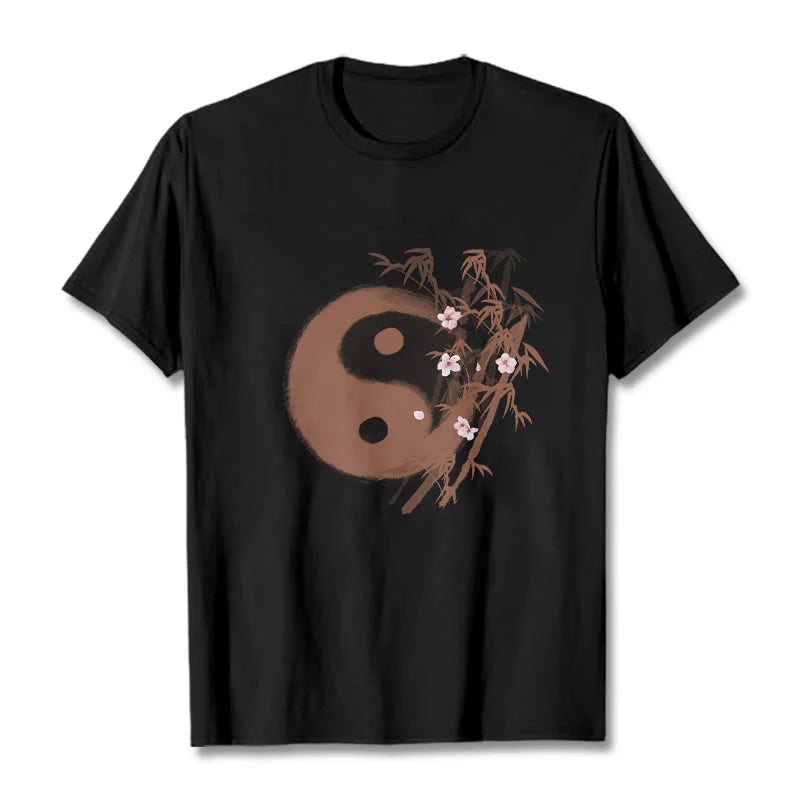 Buddha Stones Yin Yang Bamboo Cherry Blossom Pattern Tee T-shirt
