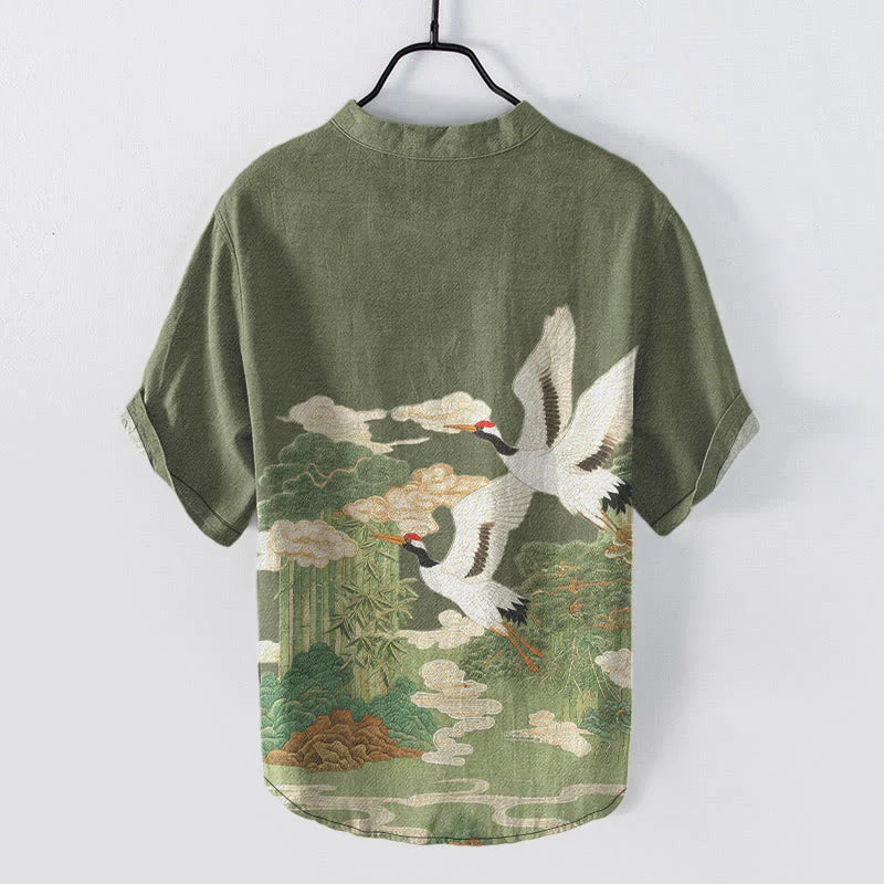 Buddha Stones Cotton Crane Auspicious Clouds Landscapes Pattern Men's Short Sleeve Half Button Shirt