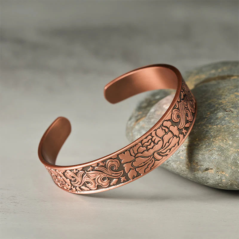 Buddha Stones Copper Flower Open Balance Luck Adjustable Cuff Bracelet Bangle