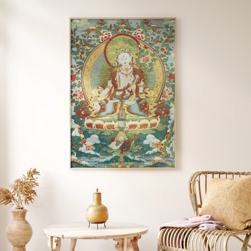 Buddha Stones Tibetan Embroidery White Tara Thangka Tapestry Wall Hanging Wall Art Meditation for Home Decor