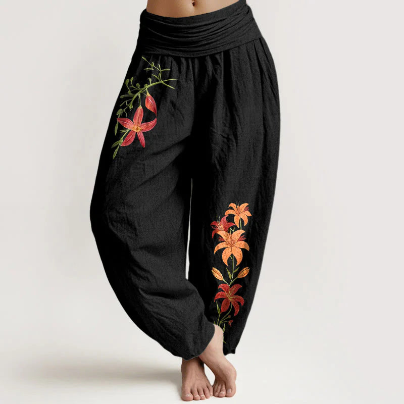 Buddha Stones Pure Cotton Brightly Colored Lilies Five-Petaled Flower Pattern Women's Elastic Waist Harem Pants
