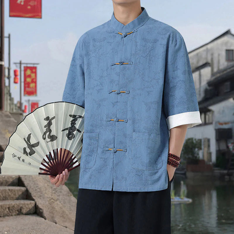 Buddha Stones Summer Crane Pine Tree Pattern Tang Suit Men's Frog-Button Half Sleeve Cotton Shirt With Pockets