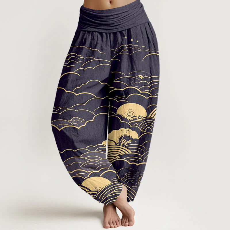 Buddha Stones Cotton Classical Clouds Spiral Pattern Women's Elastic Waist Harem Pants