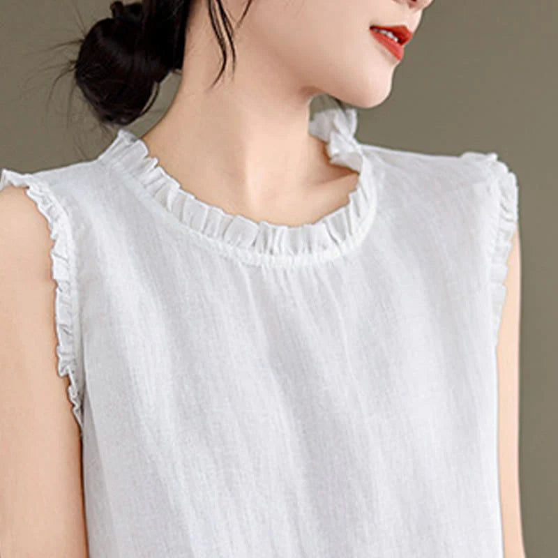 Buddha Stones Summer Ruffled Design Drawstring Crew Neck Cotton Linen Women's Sleeveless Vest