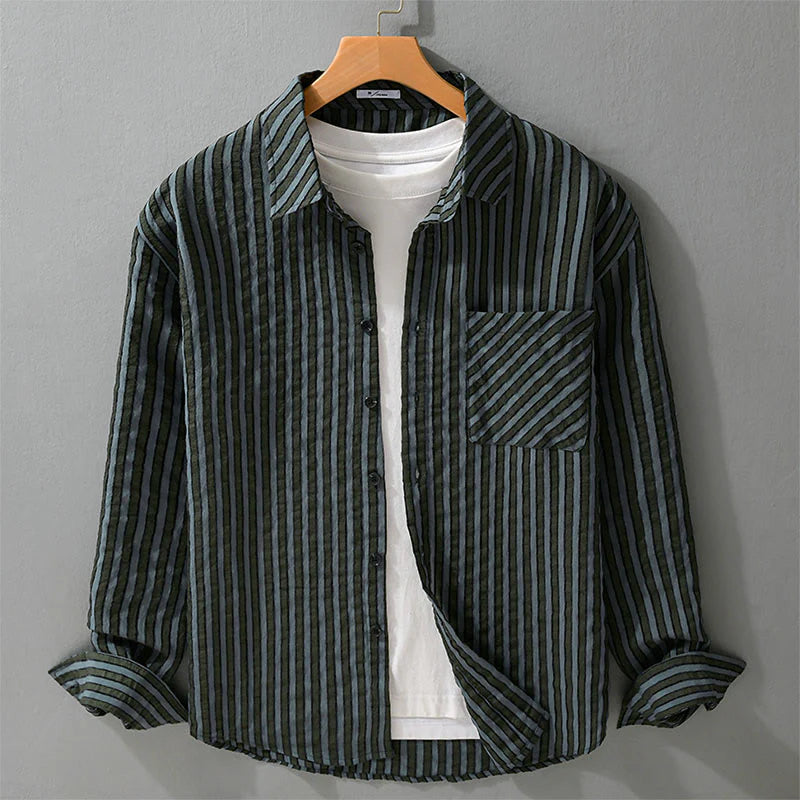 Buddha Stones Vintage Striped Buttons Down Stand Collar Long Sleeve Men's Cotton Shirt