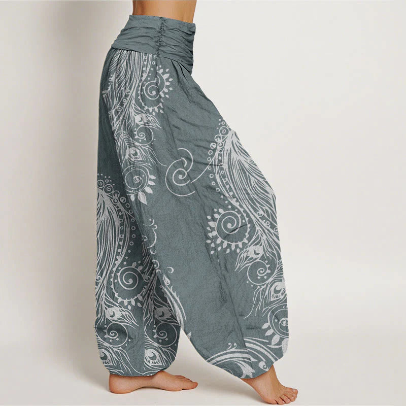 Buddha Stones Cotton Casual Peacock Design Women's Elastic Waist Harem Pants