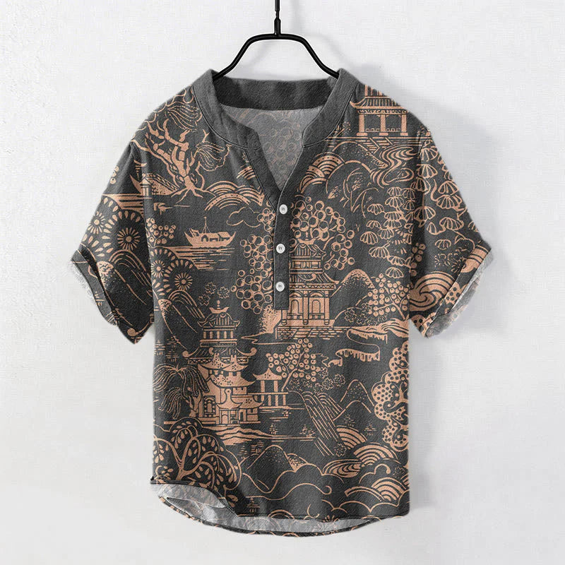 Buddha Stones Cotton Nature Towers Landscape Pattern Men's Short Sleeve Half Button Shirt