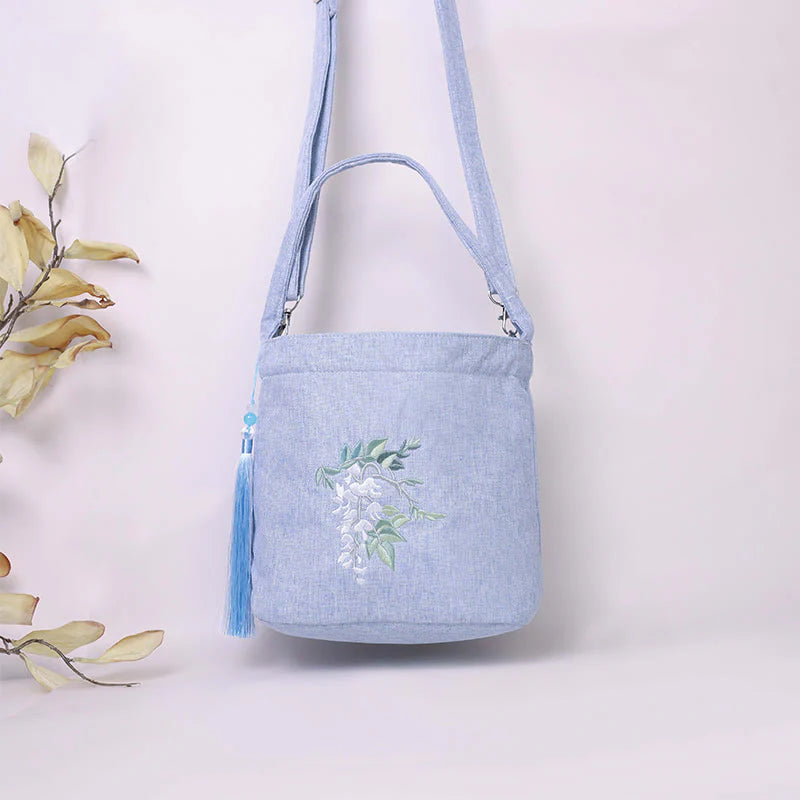 Buddha Stones Embroidery Wisteria Plum Lotus Cherry Blossom Cotton Linen Canvas Tote Crossbody Bag Shoulder Bag Handbag