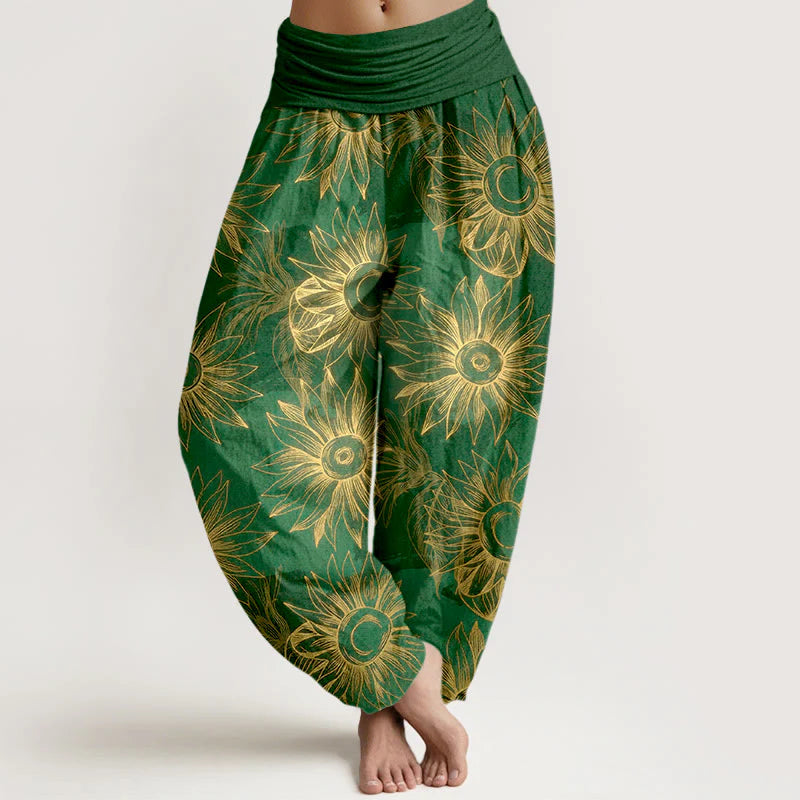 Buddha Stones Cotton Retro Print Flower Pattern Women's Elastic Waist Harem Pants