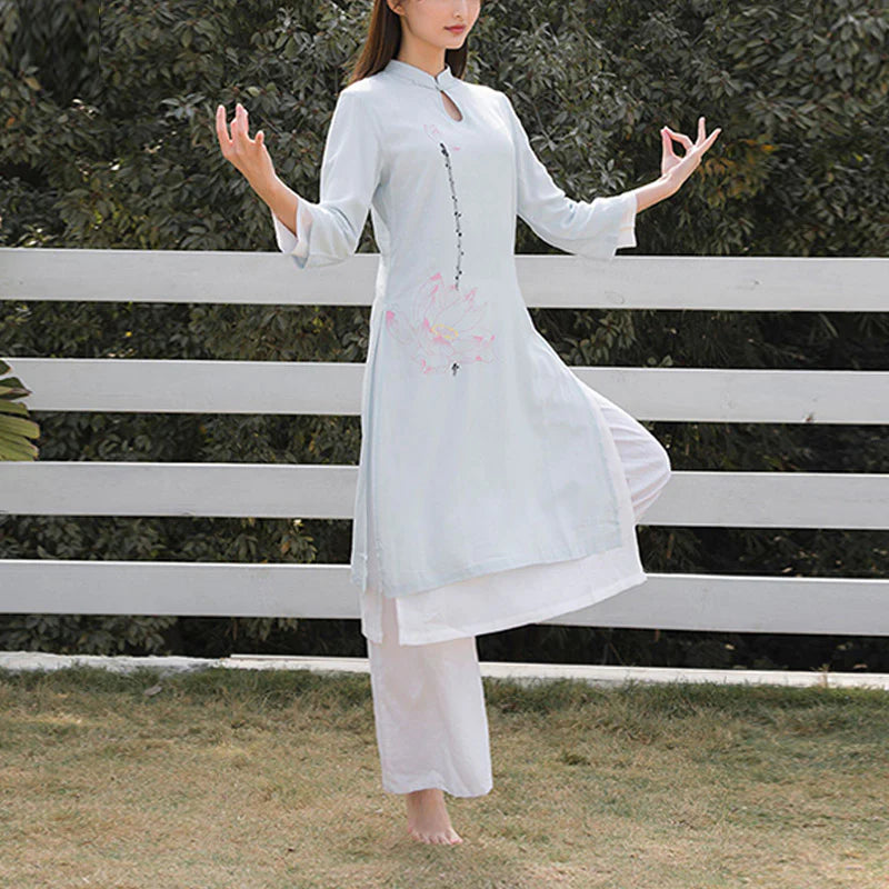 Buddha Stones 2Pcs Lotus Pattern Tai Chi Meditation Yoga Cotton Linen Clothing Top Pants Women's Set  (Extra 30% Off | USE CODE: FS30)