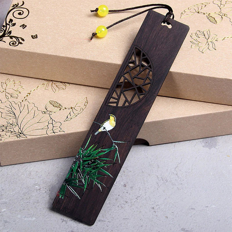 Buddha Stones Green Lotus Bamboo Oriole Ebony Wood Bookmarks With Gift Box (Extra 35% Off | USE CODE: FS35)
