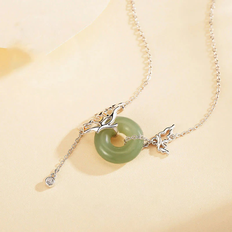 Buddha Stones 925 Sterling Silver Natural Hetian Jade Peace Buckle Butterfly Abundance Necklace Pendant