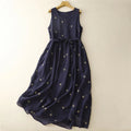 Buddha Stones MidnightBlue Printing Lace-Up Design Sleeveless Cotton Midi Dress With Pockets