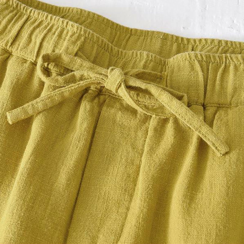 Buddha Stones Summer Solid Color Drawstring Elastic Waist Men's Cotton Linen Shorts With Pockets