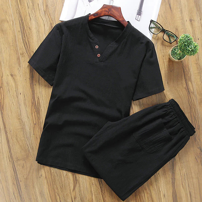 Buddha Stones Casual 2Pcs Plain Sleeve T-Shirt Shorts With Pockets Cotton Linen Men's Meditation Cloth Set