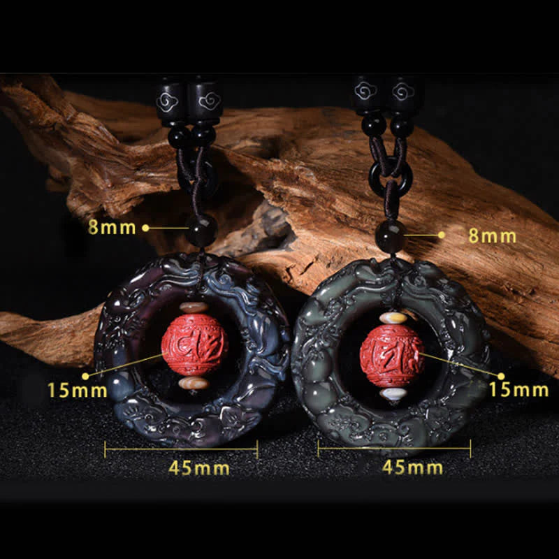Buddha Stones FengShui Natural Rainbow Obsidian PiXiu Cinnabar Healing Necklace Pendant
