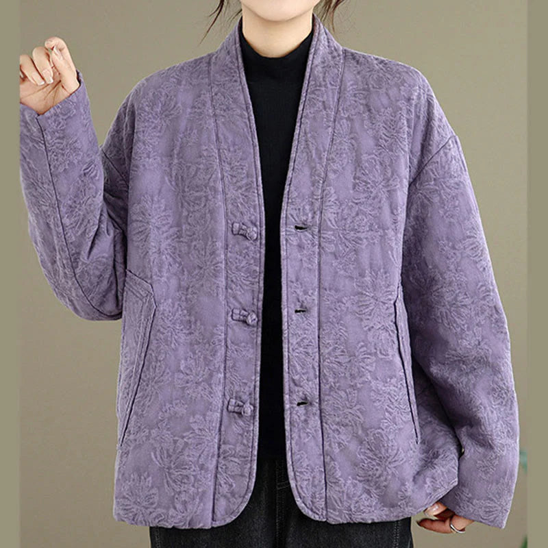 Buddha Stones Winter V-Neck Jacquard Frog-Button Cotton Long Sleeve Women's Thermal Jacket With Pockets