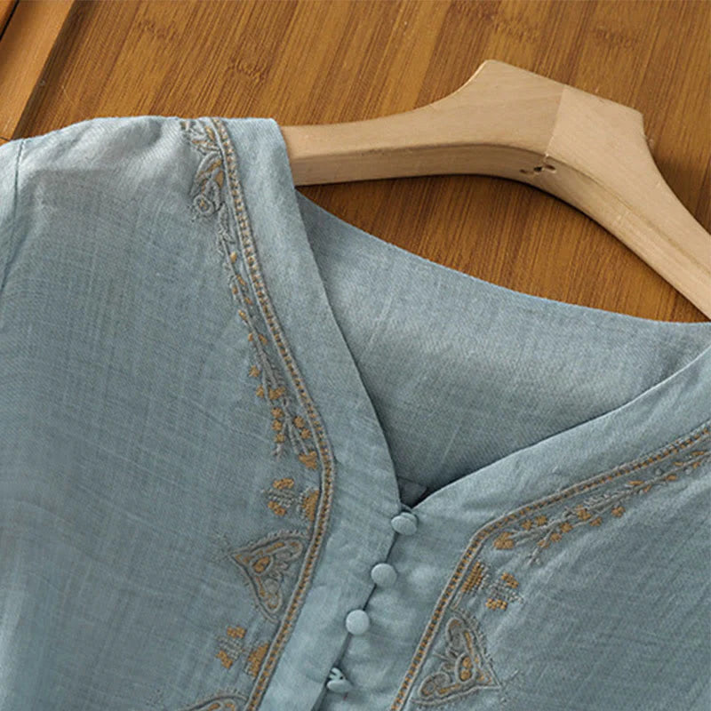 Buddha Stones Casual Embroidery Single Breasted Button Polyester Half Sleeve Women's V-neck Shirt