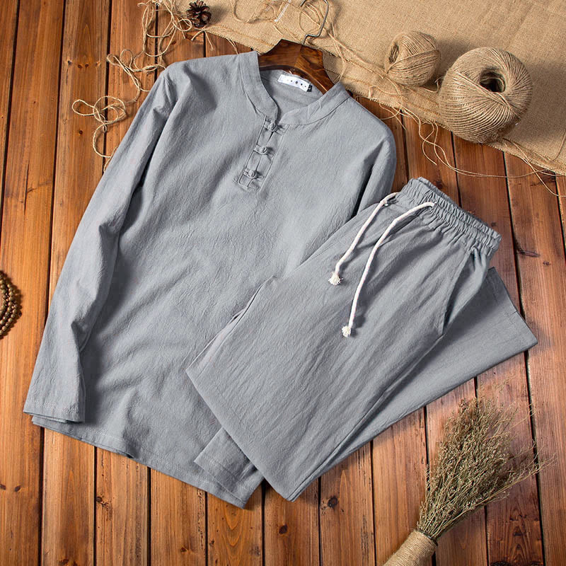 Buddha Stones Pure Color Long Sleeve Top Pants Clothing Men's Set