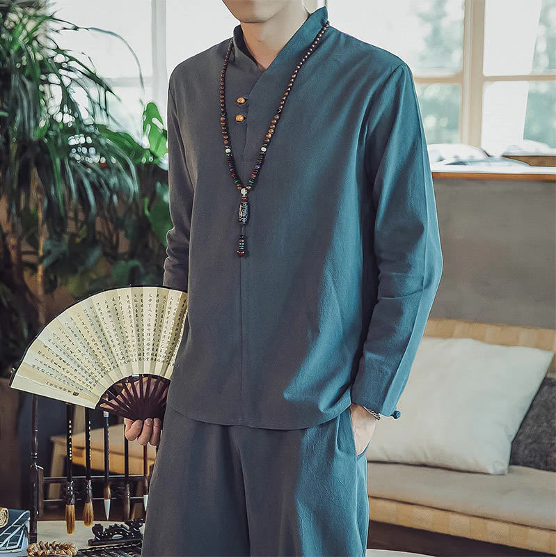 Buddha Stones 2Pcs Shirt Ankle-Length Pants With Pockets Men's Meditation Cloth Set