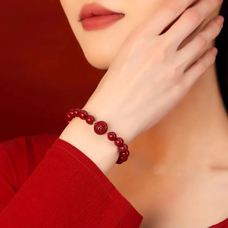 Buddha Stones Chinese Zodiac Year Of The Horse Carved Cinnabar Peaceful Blessing Bracelet
