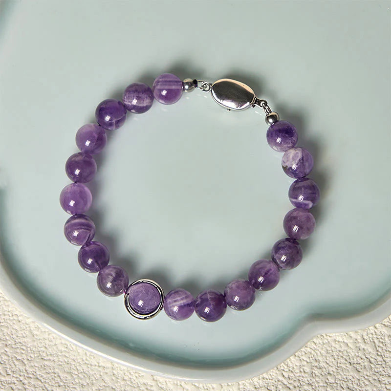 Buddha Stones Natural Amethyst Beads Balance Relieves Stress Buckle Bracelet