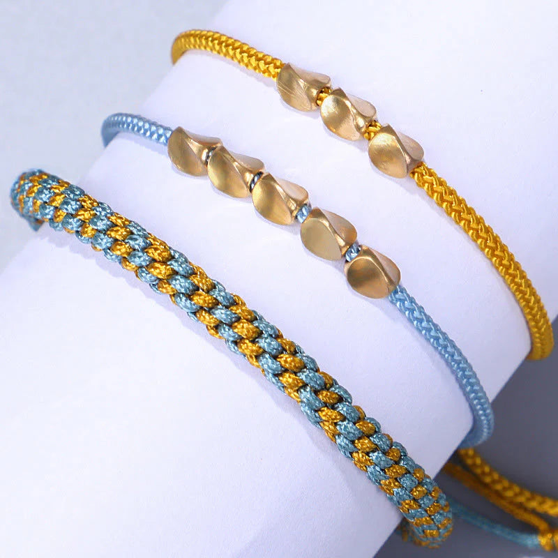 Buddha Stones 3Pcs Blue Yellow String Golden Copper Beads Healing Bracelet