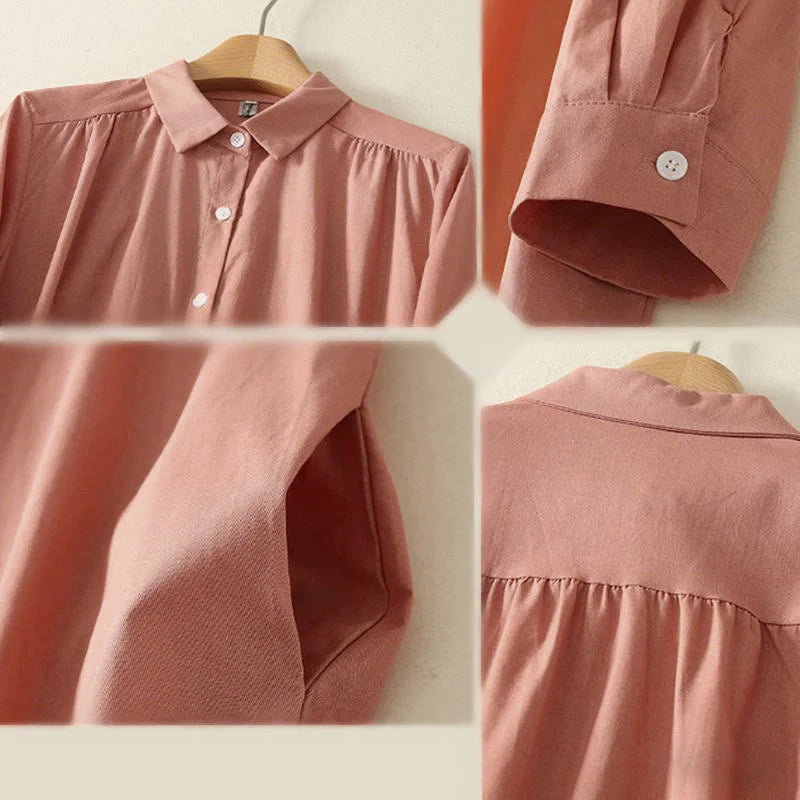 Buddha Stones Fall Solid Color Lapel Buttons Long Sleeve Cotton Midi Dress With Pockets
