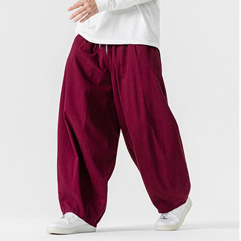 Buddha Stones Winter Commute Plain Drawstring Design Men's Wide Leg Cotton Pants With Pockets