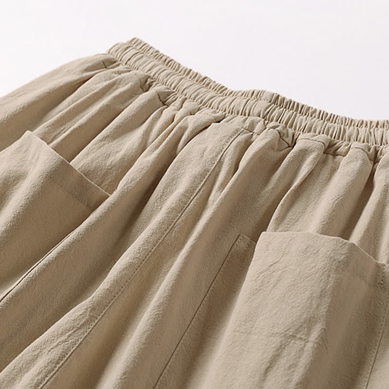 Buddha Stones Summer Embroidery Capri Length Cotton Linen Men's Wide Leg Pants With Pockets