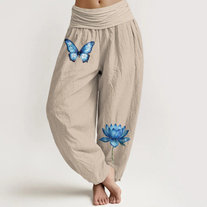 Buddha Stones Pure Cotton Dreamy Butterfly Lotus Pattern Women's Elastic Waist Harem Pants