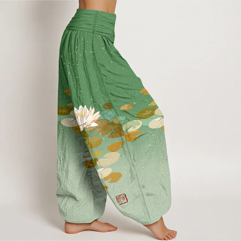 Buddha Stones Printed White Lotus Leaves Pattern Women's Elastic Waist Harem Pure Cotton Pants