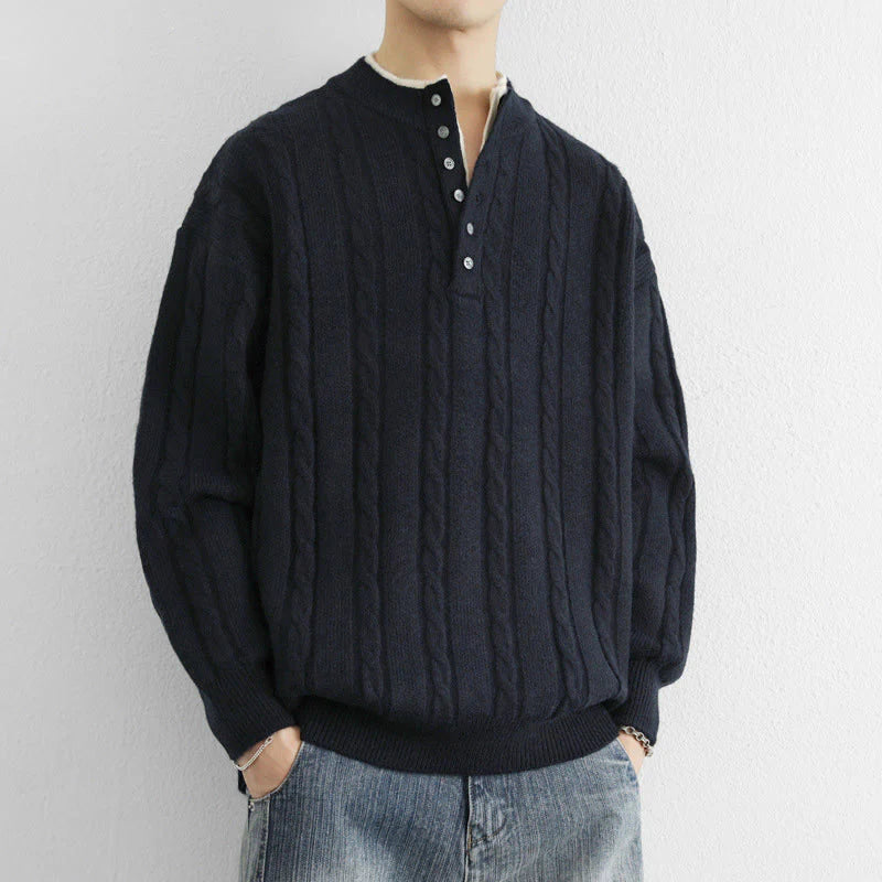 Buddha Stones Winter V-Neck Buttons Twisted Design Warm Men's Long Sleeve Knitted Sweater